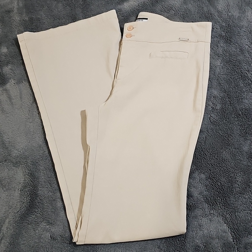 Vintage Guess Jeans Y2K Tan Beige Rayon Stretch Flare Trouser Pants 28